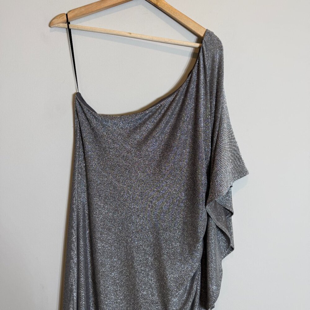 Trina Turk Ratio Ruched One-Shoulder Shimmer Mini Dress Women's XL Silver NWT - Picture 7 of 16